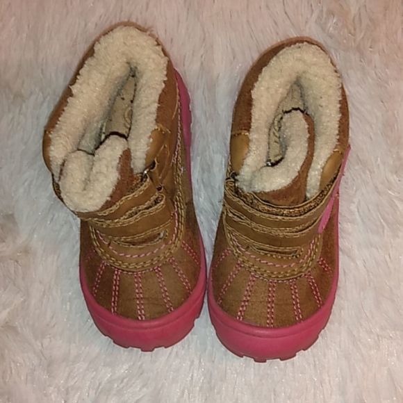 🌈Jam brown pink sheepskin fur baby snow boots sz9 - Picture 2 of 6